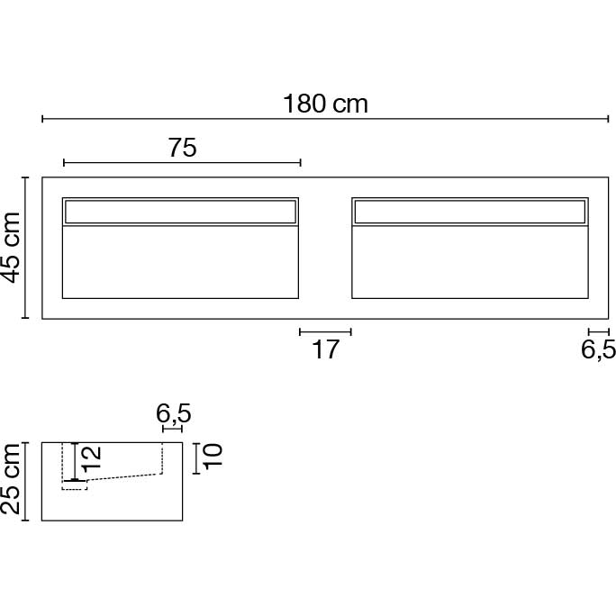 Wastafel (413) dubbel - kraangat 180/45/25 nat/matt
