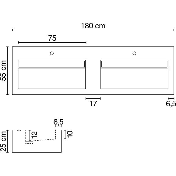 Wastafel (413) dubbel + kraangat 180/55/25 nat/matt